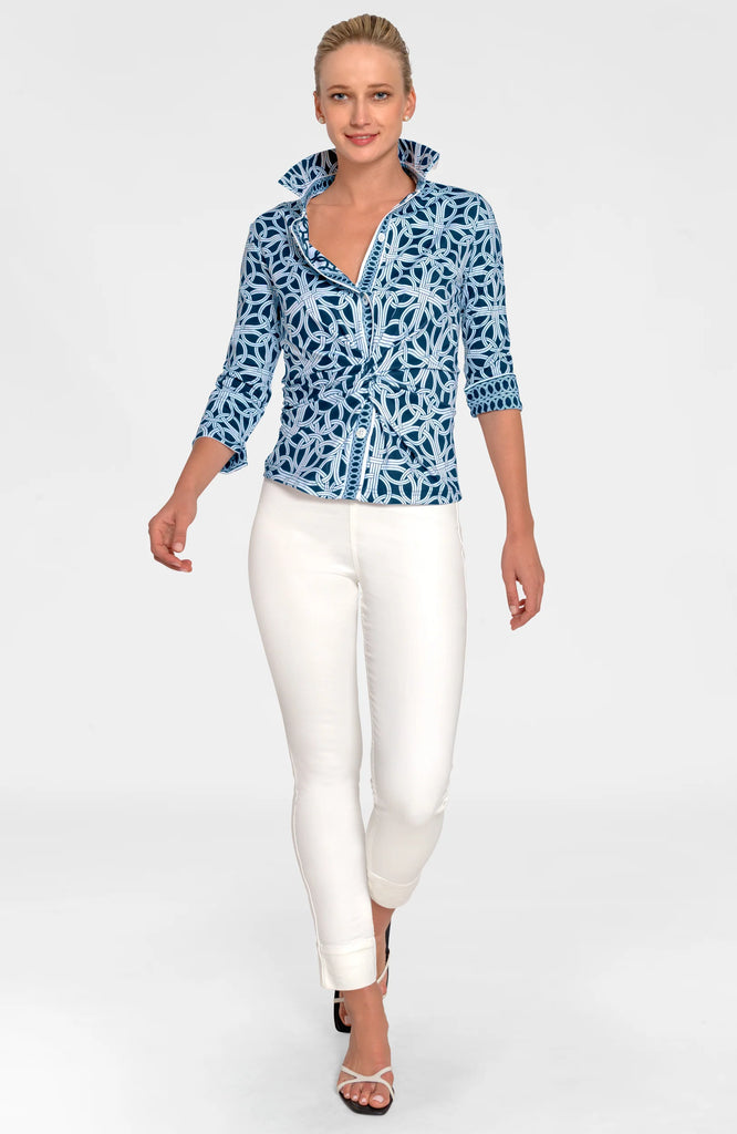 Women's Navy Top Gretchen Scott Twist and Shout Top in Navy Ring Toss TPTSRT