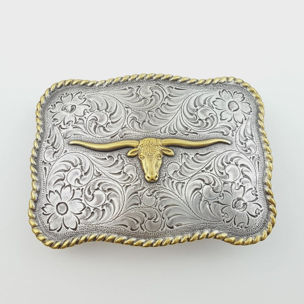 Western Long Horn Buckle -Silver w/Gold Trim H8143 FW25