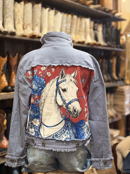 W.A.Y Denim Blue Cotton Twill Jacket w/Red Background & Horse SS26