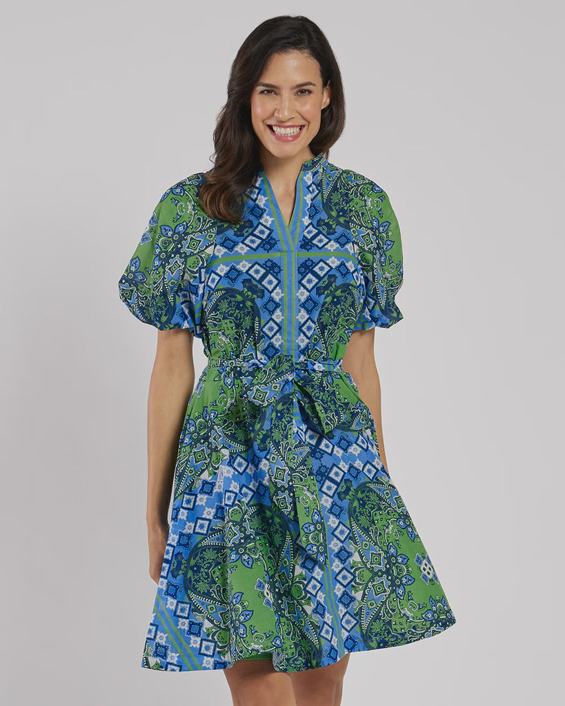 Fit-and-Flare Silhouette Dress in Blue & Green Paisley by Jude Connally