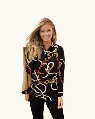 Jude Connally Black 4-Way Stretch Tunic Top – Elegant Equestrian Chain Print Top