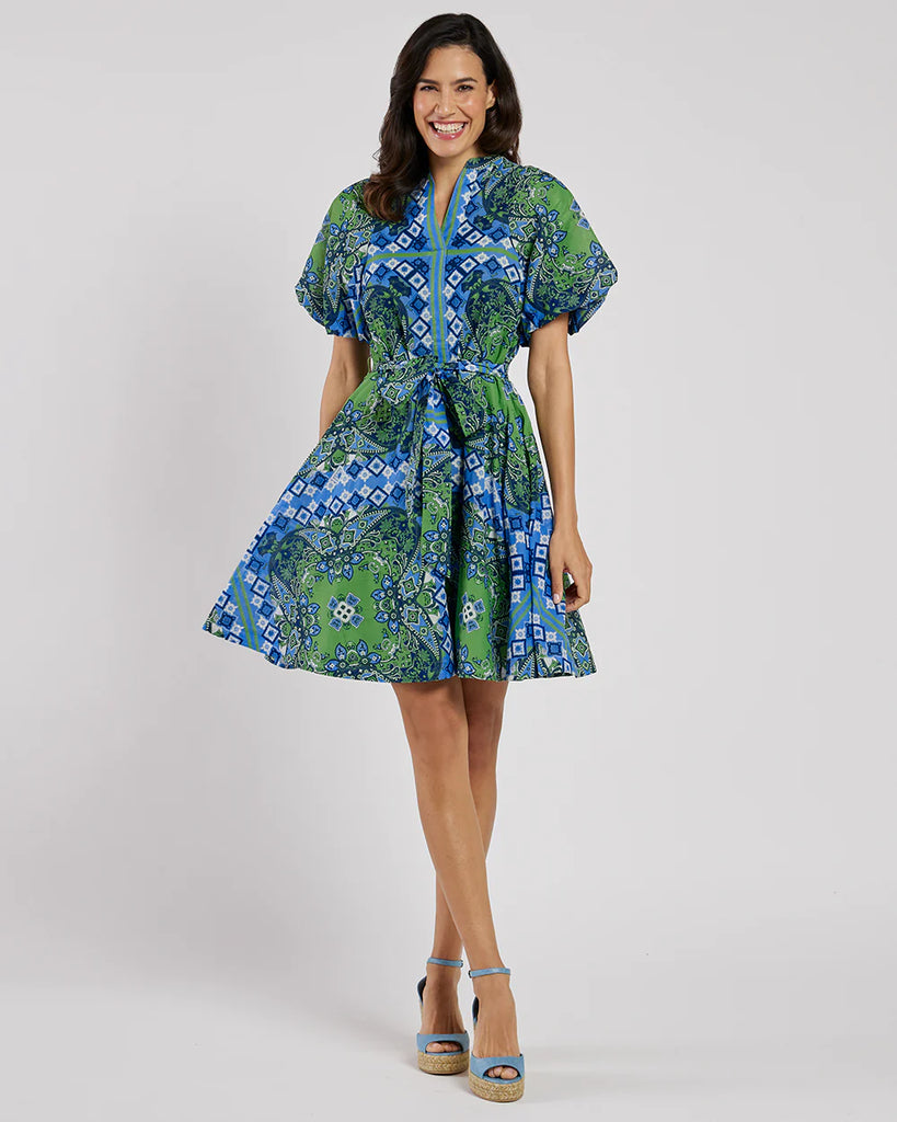 Fit-and-Flare Silhouette Dress in Blue & Green Paisley by Jude Connally