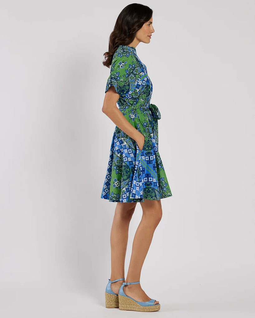 Fit-and-Flare Silhouette Dress in Blue & Green Paisley by Jude Connally
