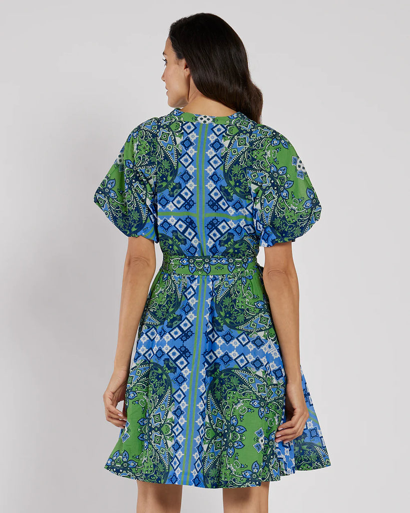Fit-and-Flare Silhouette Dress in Blue & Green Paisley by Jude Connally