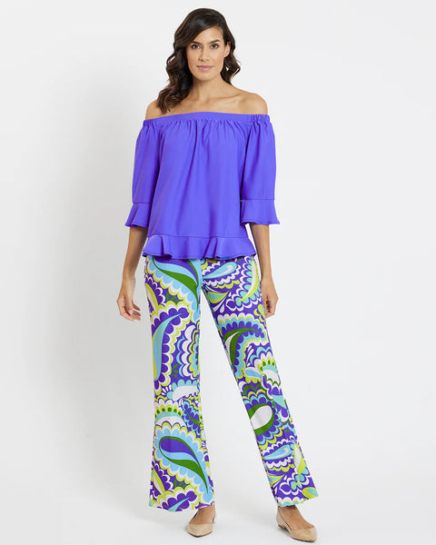 Women's Flare Stretch Pants in Blue & Green Paisley USA MADE by Jude Connally - Saratoga Saddlery & International Boutiques