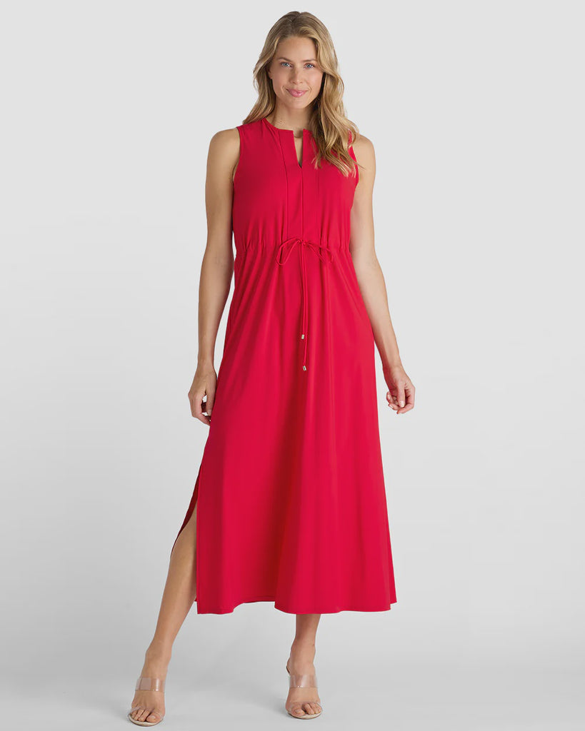 Woman wearing a red dress on a white background