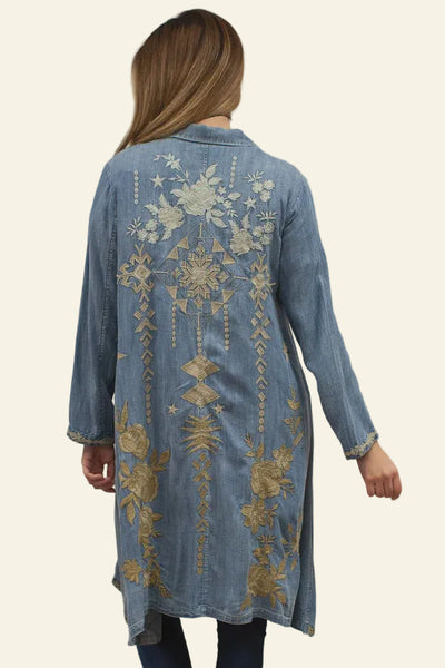 Long Denim jacket with gold embroidery on a plain background
