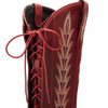 Red boot with intricate gold embroidery on a white background