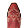 Red cowboy boot with intricate gold embroidery on a white background