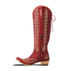 Red cowboy boot with white embroidery on a white background