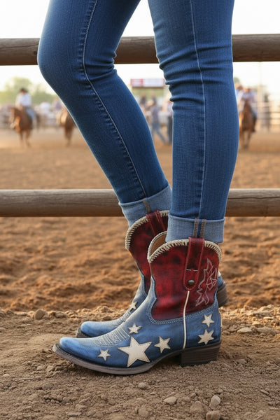 Red, white, and blue cowboy boots with star patterns worn by a person on a natural background.