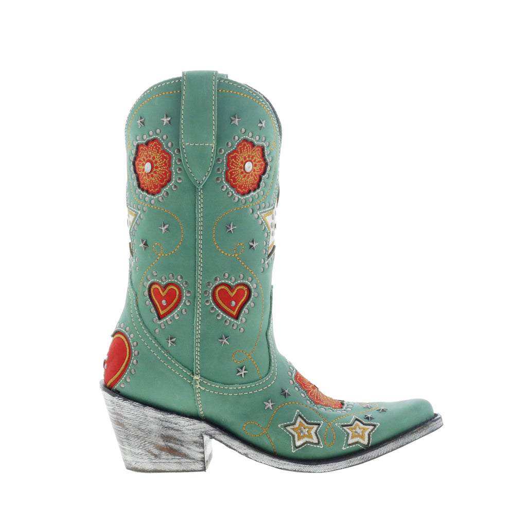 Women's Tall Cowboy Boots in Turquoise Leather with Red Hearts Anabella by Liberty Black