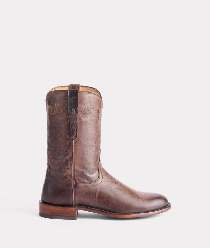 Brown leather Lucchese Men's Roper boot on a light gray background