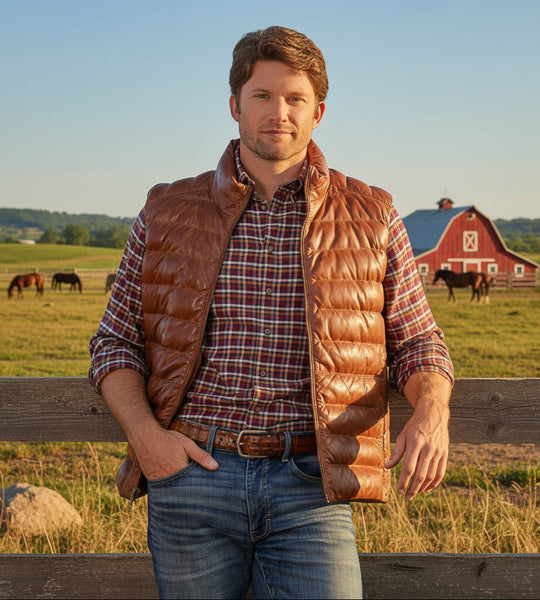 Man wearing a brown puffer vest over a plaid shirt with a cityscape background