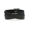 Black leather belt with a silver buckle on a white background