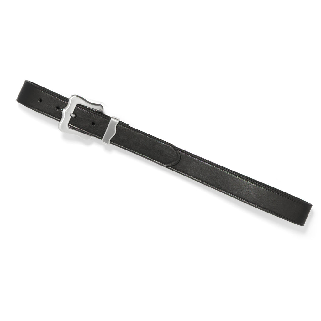 Black leather belt with a silver buckle on a white background