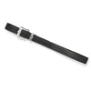 Black leather belt with a silver buckle on a white background