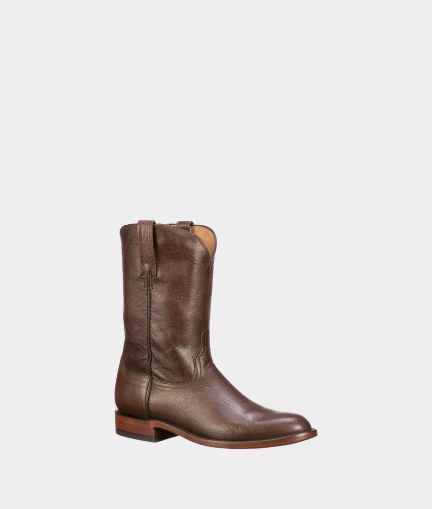 Brown Lucchese brand Roper leather boot on a light gray background