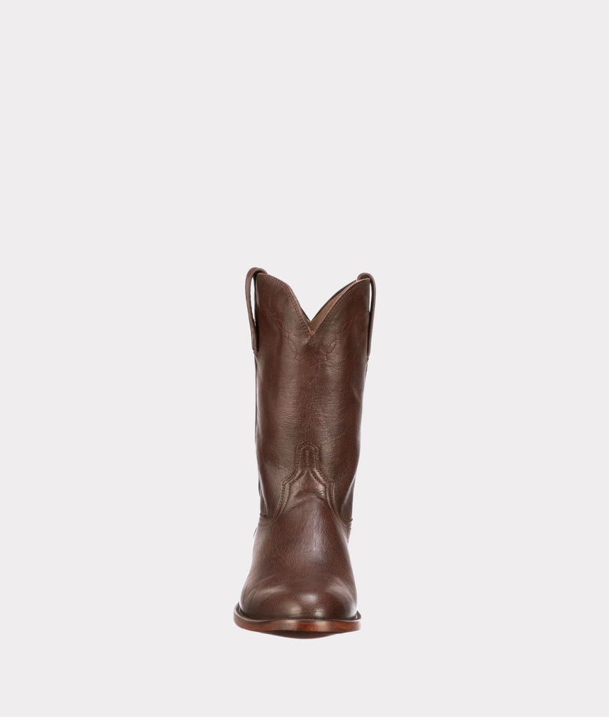 Brown Lucchese cowboy boot on a light gray background