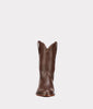 Brown Lucchese cowboy boot on a light gray background
