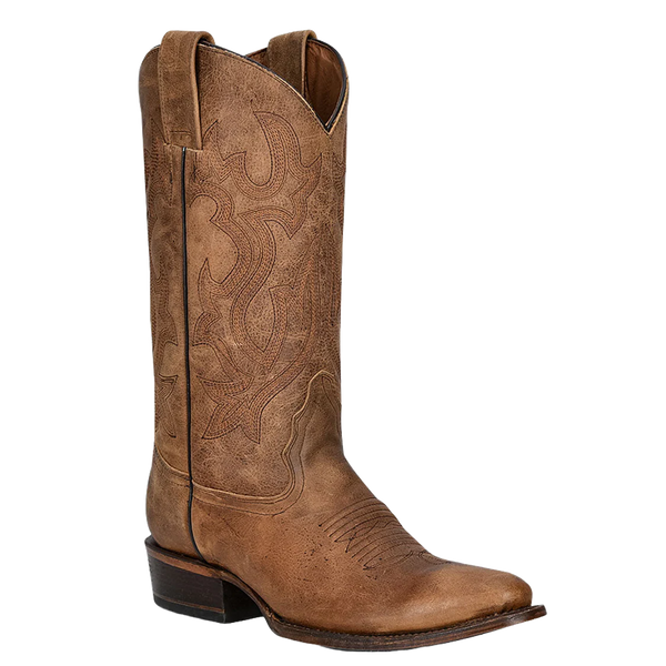 Brown cowboy boot with intricate embossing on a white background