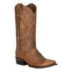 Brown cowboy boot with intricate embossing on a white background