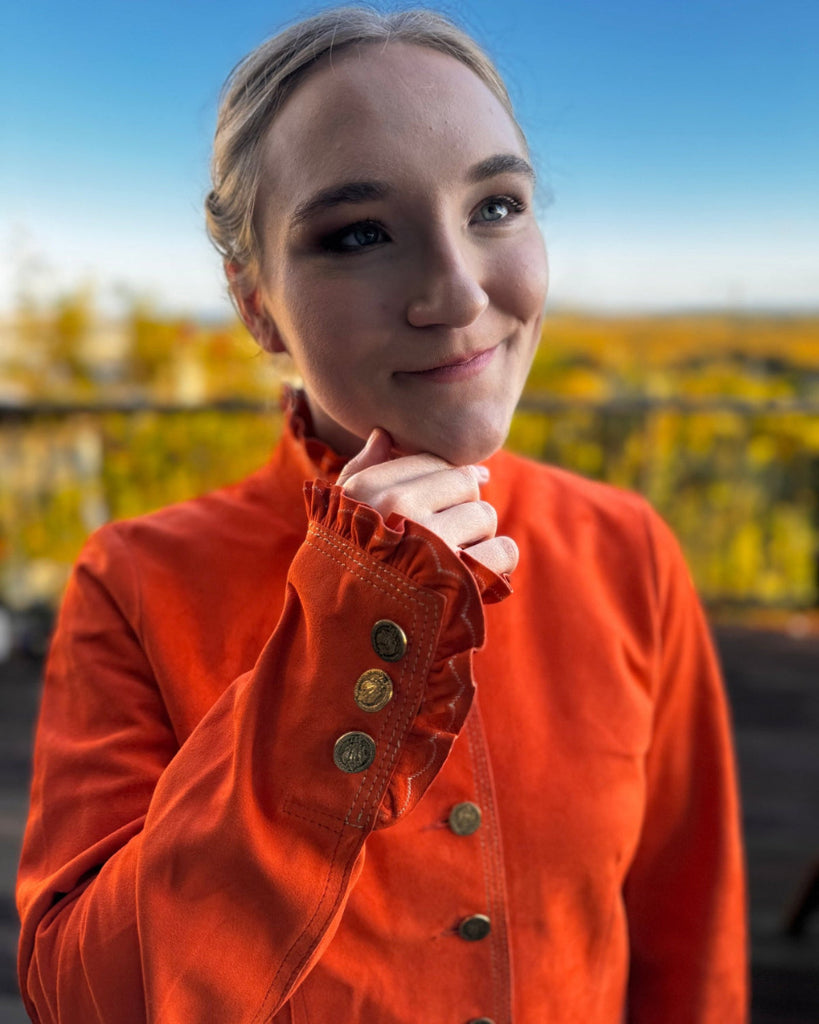 Bergen of Norway Women's Ruffle Leather Jacket in Deep Orange Hermes like Color 