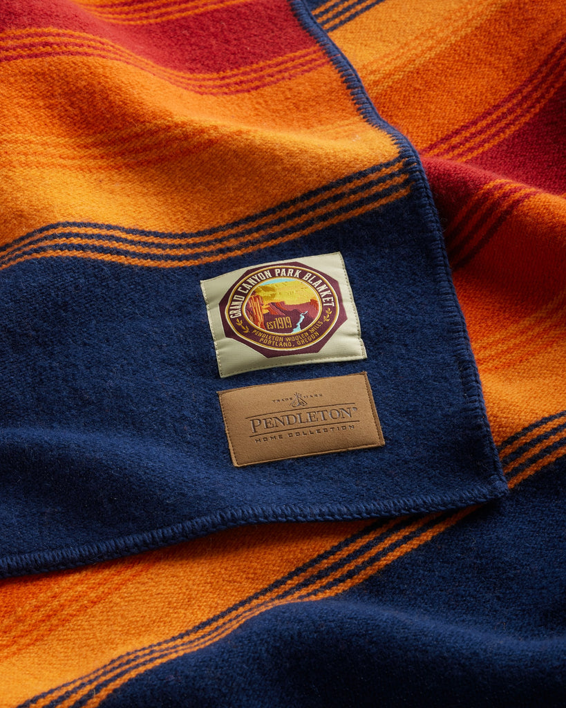 Close-up of a Pendleton blanket with a visible brand label.