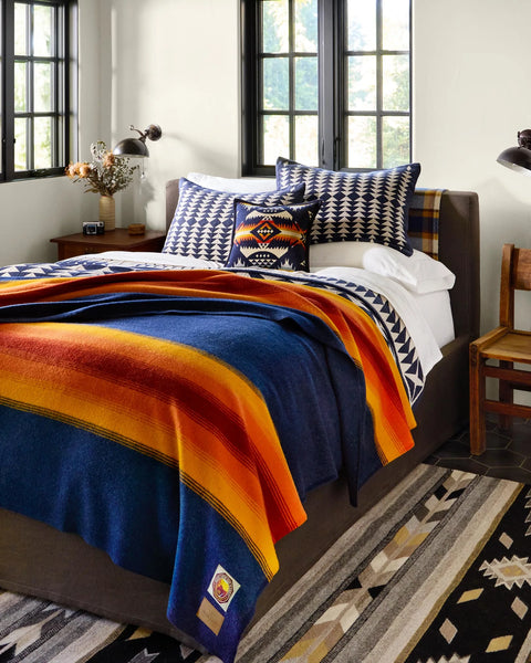 Pendleton Bedroom with colorful bedding and patterned pillows made in the USA
