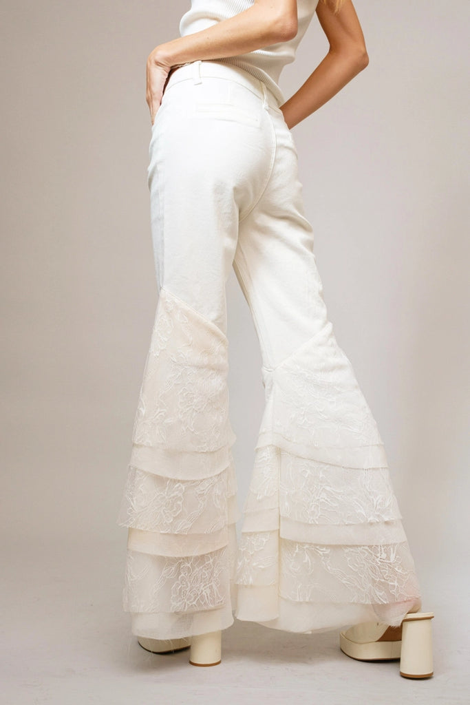 White Lace Tiered Flare Denim Jeans – Mid Rise Western Style Denim