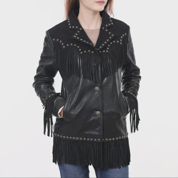 Women's Black Leather Fringe Jacket with Stud Accents ADJKT048  SS26