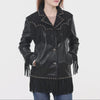 Women's Black Leather Fringe Jacket with Stud Accents ADJKT048  SS26