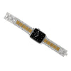 Watch with a silver and gold band on a white background