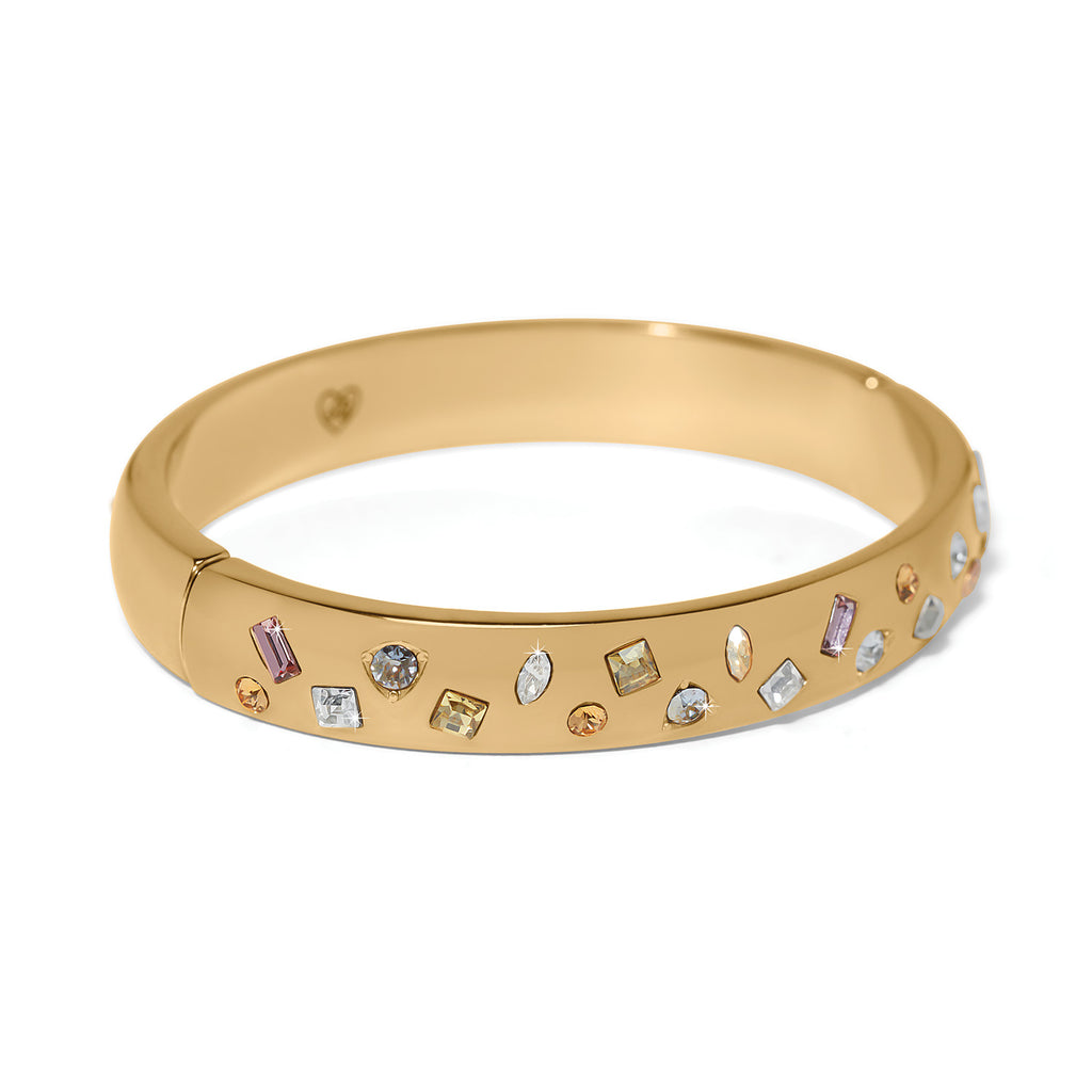 Gold bracelet with embedded colorful gemstones on a white background