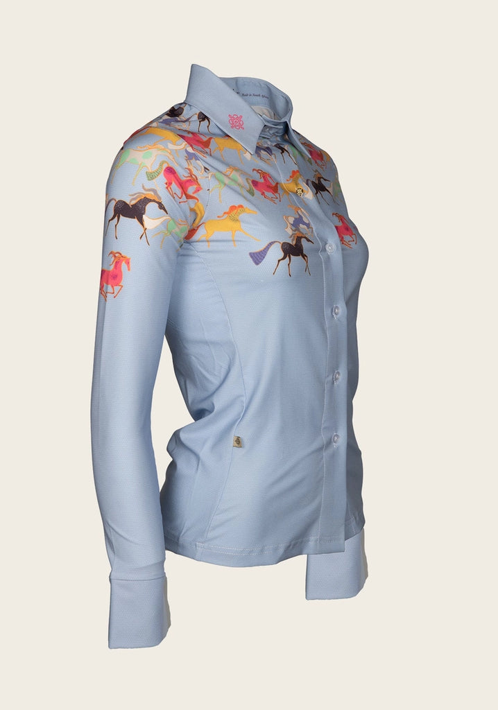 Women's Denim Running Horses Blouse Equestrian Shirt Western Style Button Shirt