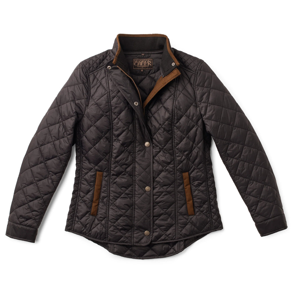 Quilted jacket with brown accents on a white background