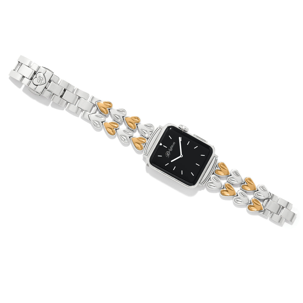 Wristwatch with a black face and silver and gold bracelet on a white background