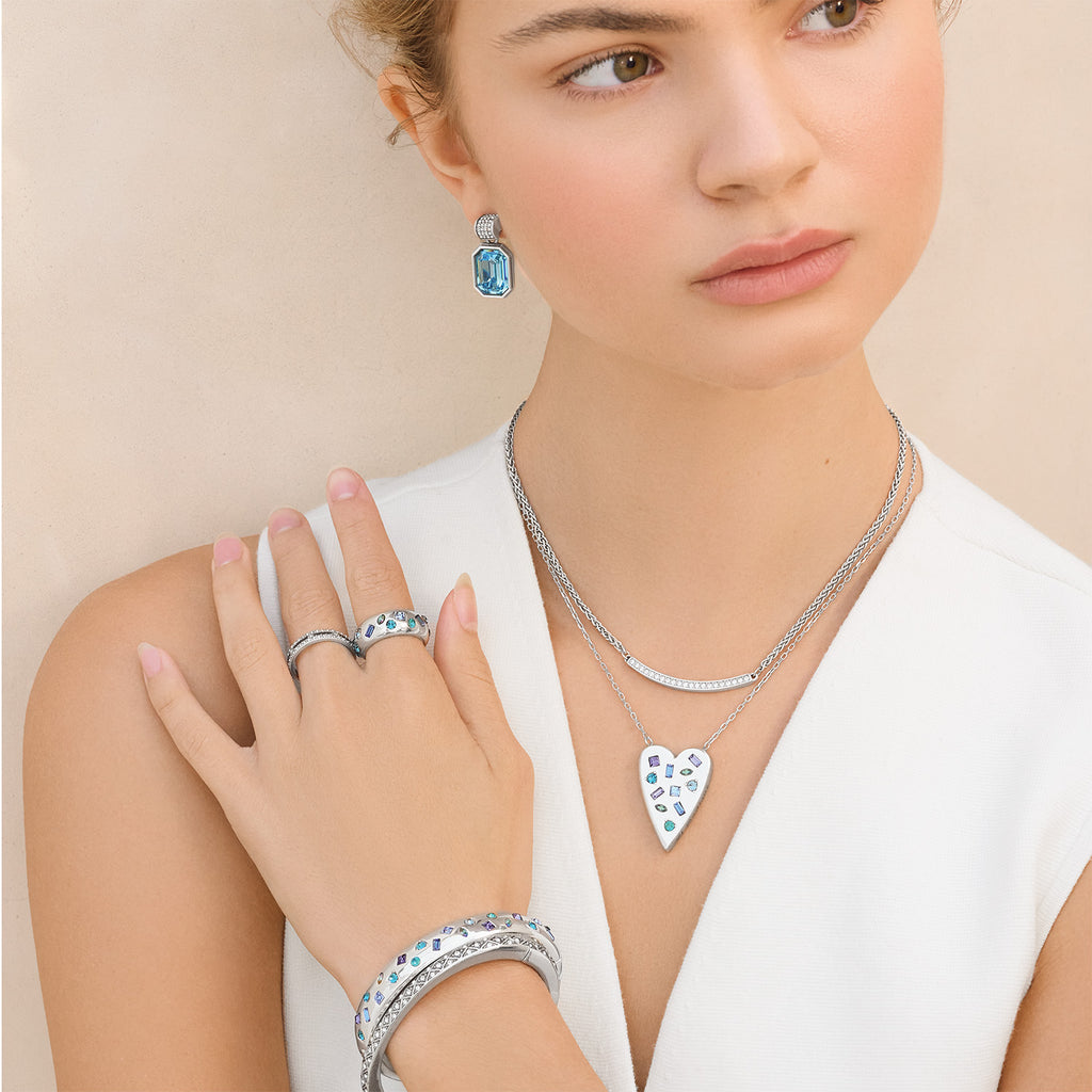 Brighton Silver Heart Pendant Necklace with Blue Crystals – Reversible Love Message Necklace JM0169