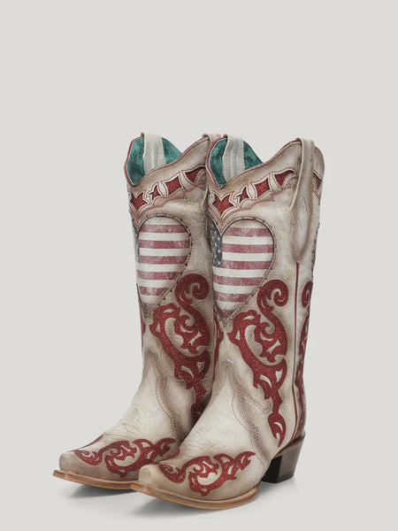 Corral Z5440 Women's White Patriotic Heart & Glitter Overlay & Inlay SS26