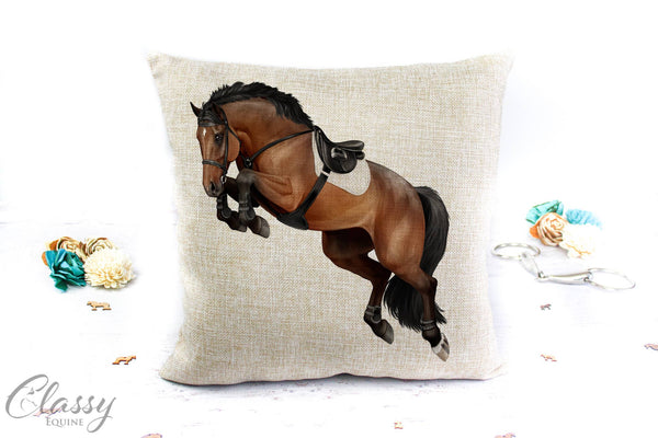 Jumping Horse Pillow Cover - Hunter Jumper Equestrian Decor: Bay