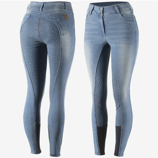 Horze Kaia Womens Highwaist Denim Full Seat Breech Light Blue 36656 - Saratoga Saddlery & International Boutiques