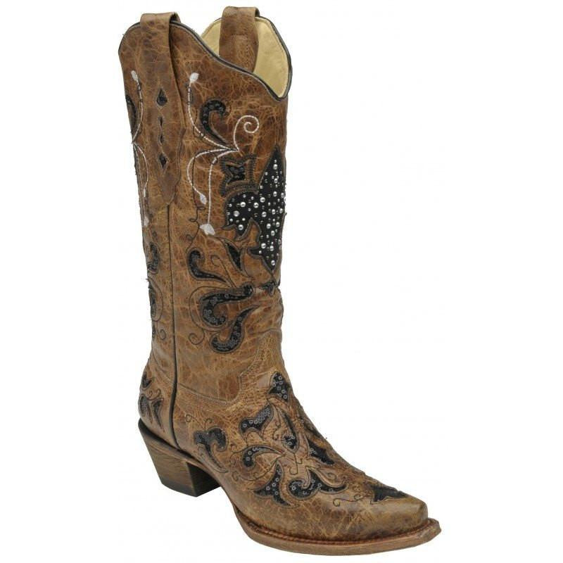 Corral Tan Sequin Women's Cowboy Boot with Fleur de Lis A2856 - Saratoga Saddlery & International Boutiques