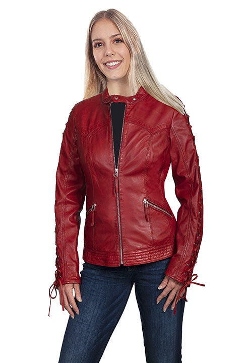 Scully L1070 Red Women's Laced Sleeve Leather Jacket - Saratoga Saddlery & International Boutiques