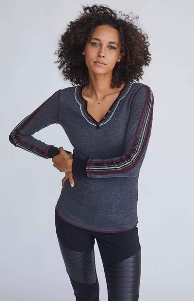 Alp-n-Rock Women's Nikita Henley Long Sleeve Henley in Heather Grey Black - Saratoga Saddlery & International Boutiques