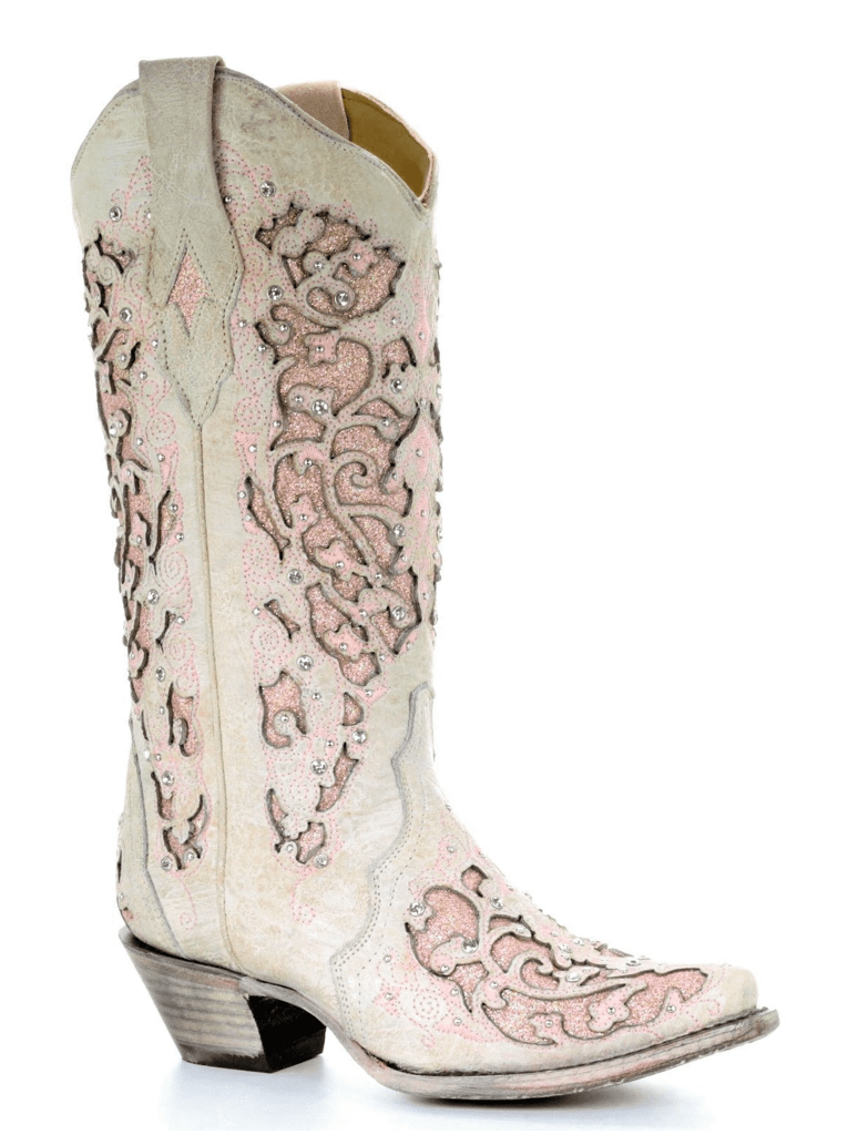 Corral Ladies White Pink Glitter Inlay Embroidery & Crystal Boot A3587 - Saratoga Saddlery & International Boutiques
