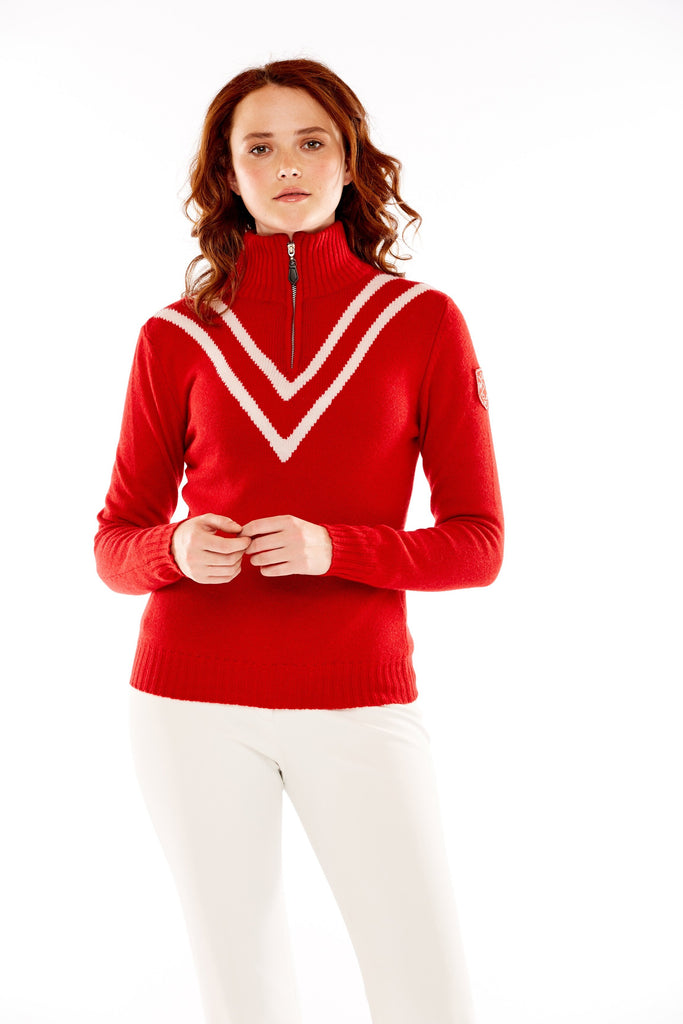 M. Miller Vee Cashmere Half Zip White Vstripe Red Cashmere CS37 - Saratoga Saddlery & International Boutiques