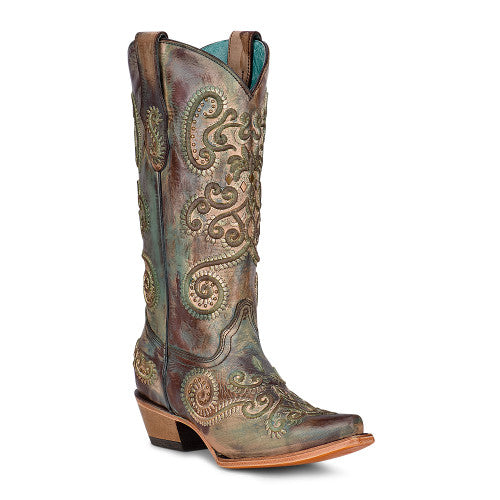 Corral LD Turquoise/Brown Embroidery & Studs Boots C3849 - Saratoga Saddlery & International Boutiques