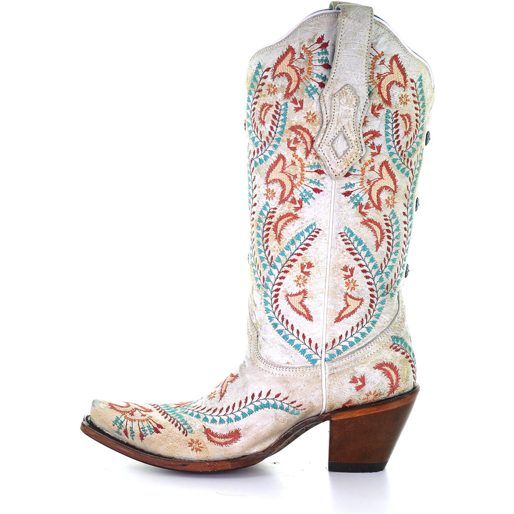 Corral Women's A3960 Cowboy Boot in White with TURQUOISE & RED EMBROIDERY & STUDS - Saratoga Saddlery & International Boutiques