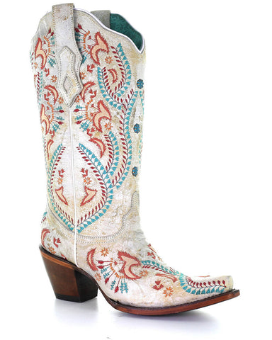 Corral Women s A3960 Cowboy Boot in White with TURQUOISE RED EMBROID Saratoga Saddlery International Boutiques