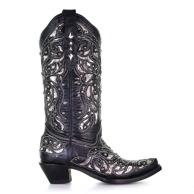 Corral Women's A4121 Black Sparkle Python Inlay Exotic Cowboy Boots - Saratoga Saddlery & International Boutiques